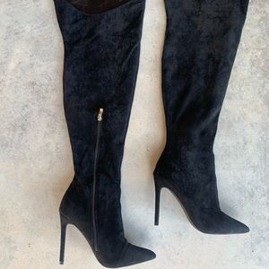Black faux suede thigh high boots